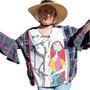 Upcycled Jack Sally Nightmare OOAK Flannel Corset Back Art To Wear Tunic OS